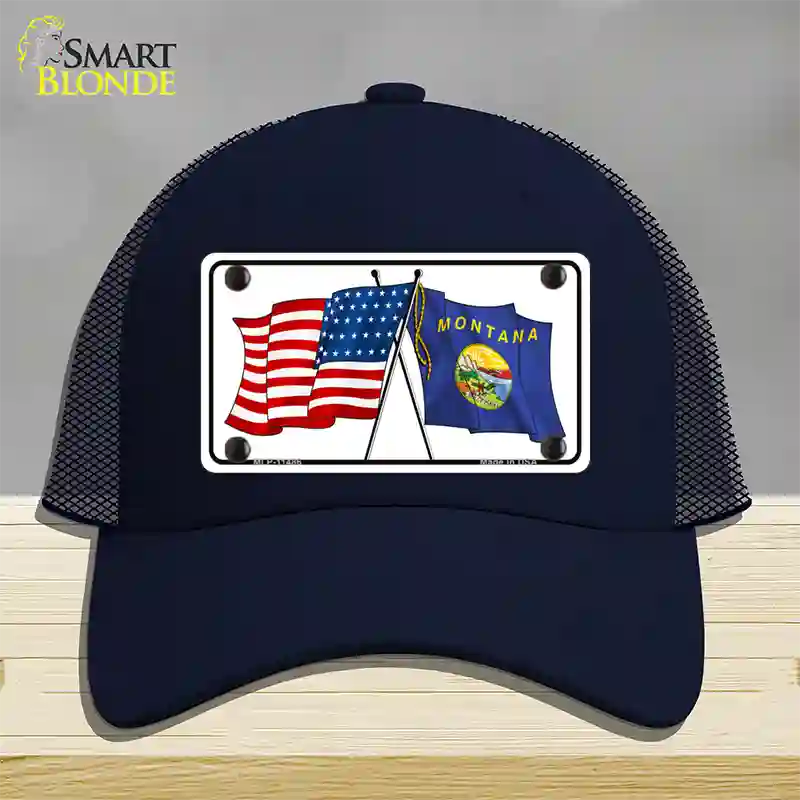 Montana Crossed US Flag Novelty License Plate Hat Mesh / Navy