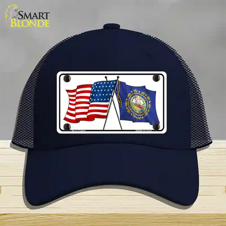 New Hampshire Crossed US Flag Novelty License Plate Hat Mesh / Navy