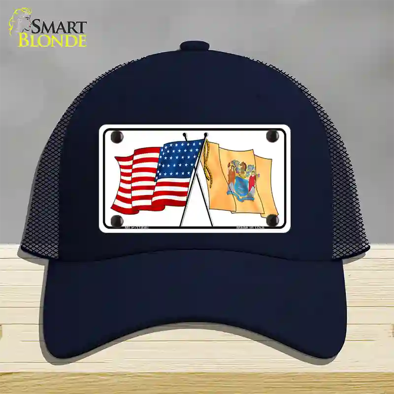 New Jersey Crossed US Flag Novelty License Plate Hat Mesh / Navy