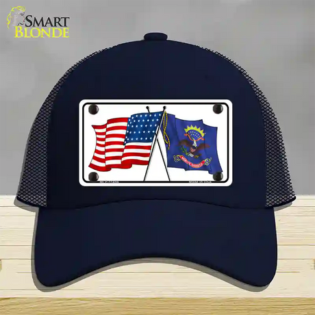 North Dakota Crossed US Flag Novelty License Plate Hat Mesh / Navy