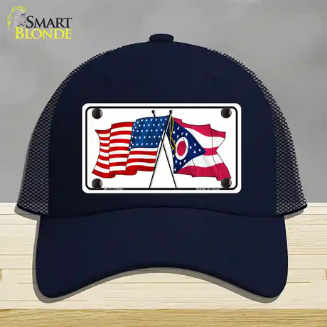 Ohio Crossed US Flag Novelty License Plate Hat Mesh / Navy