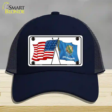 Oklahoma Crossed US Flag Novelty License Plate Hat Mesh / Navy