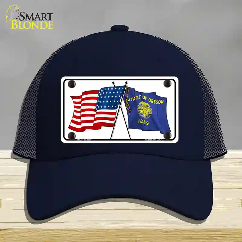 Oregon Crossed US Flag Novelty License Plate Hat Mesh / Navy