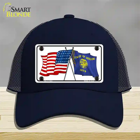 Oregon Crossed US Flag Novelty License Plate Hat Mesh / Navy