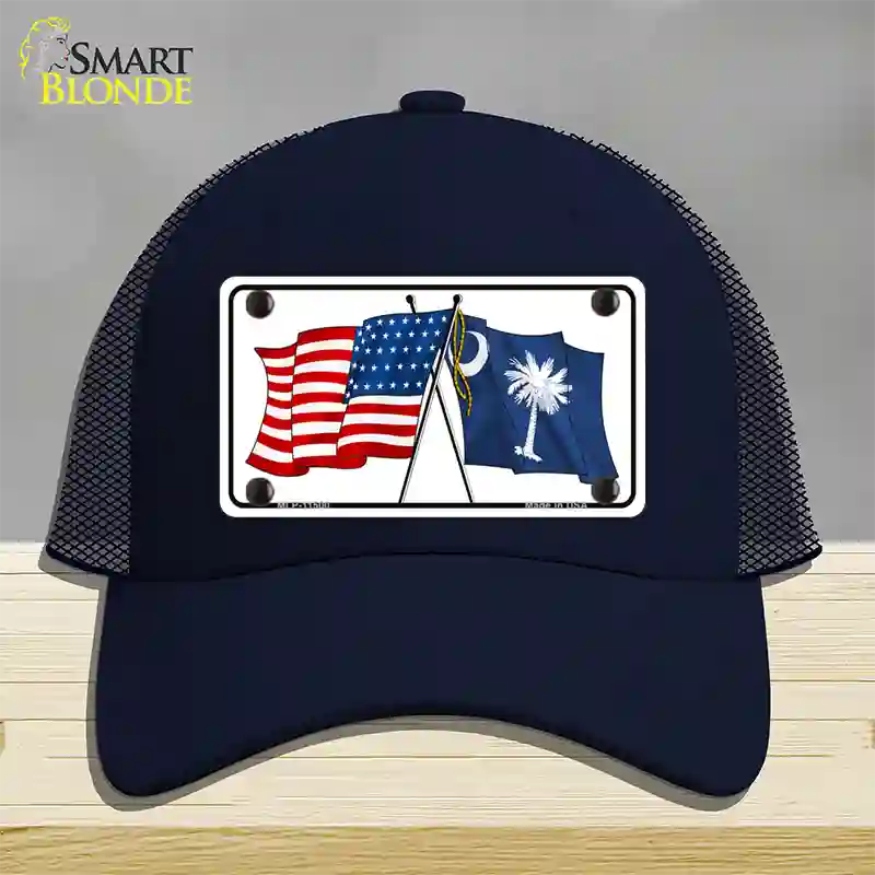 South Carolina Crossed US Flag Novelty License Plate Hat Mesh / Navy