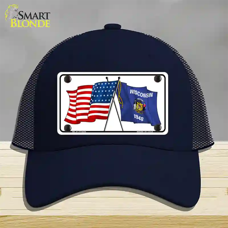 Wisconsin Crossed US Flag Novelty License Plate Hat Mesh / Navy