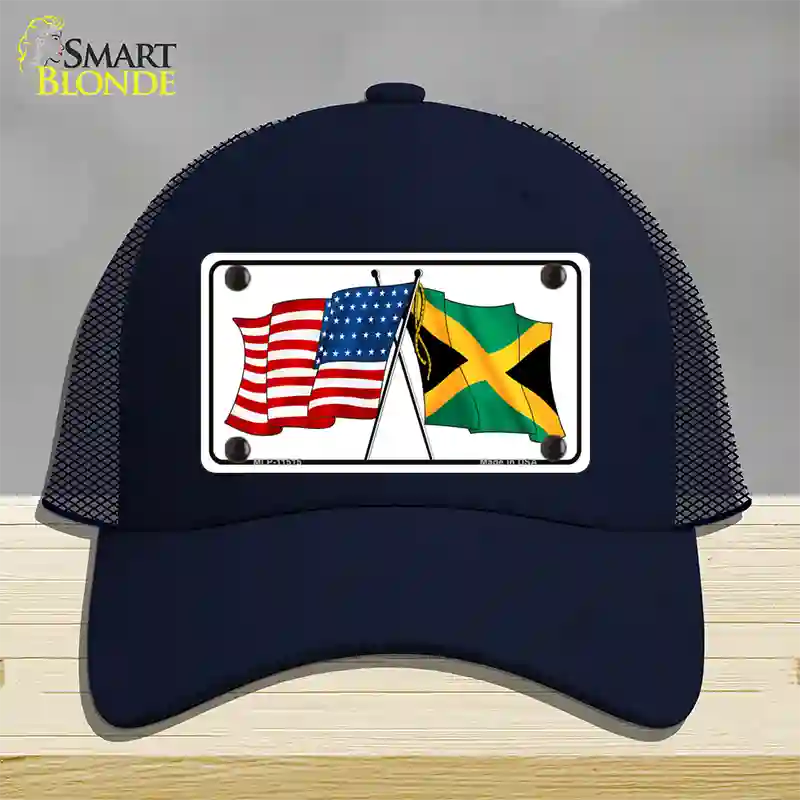 Jamaica Crossed US Flag Novelty License Plate Hat Mesh / Navy