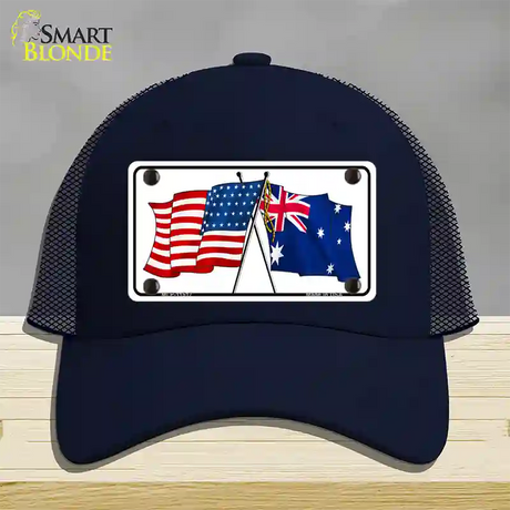 Australia Crossed US Flag Novelty License Plate Hat Mesh / Navy