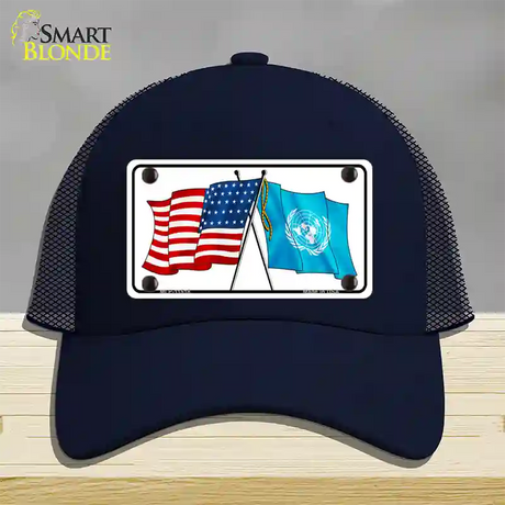 United Nation Crossed US Flag Novelty License Plate Hat Mesh / Navy