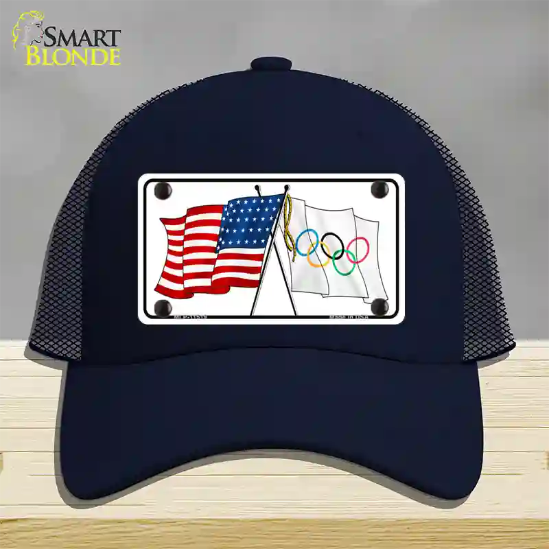 Olympic Crossed US Flag Novelty License Plate Hat Mesh / Navy