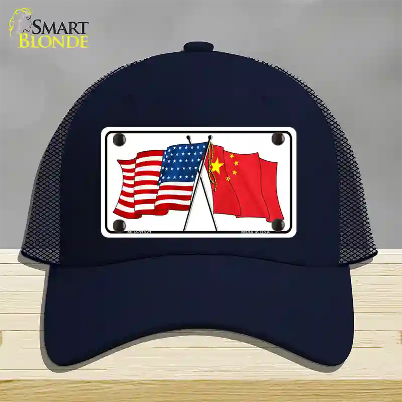 China Crossed US Flag Novelty License Plate Hat Mesh / Navy