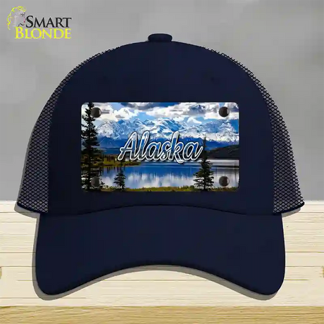 Alaska Snowy Mountains State Novelty License Plate Hat Mesh / Navy