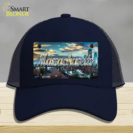 Massachusetts Sunset Skyline State Novelty License Plate Hat Mesh / Navy