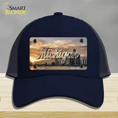 Michigan City Sunset State Novelty License Plate Hat Mesh / Navy