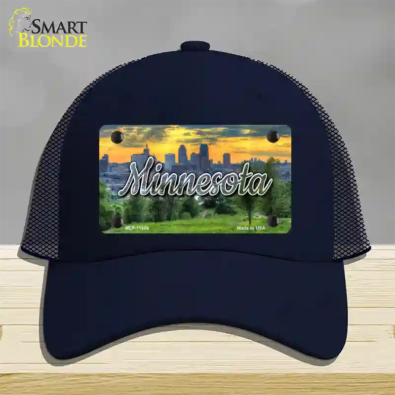 Minnesota City Skyline Sunset State Novelty License Plate Hat Mesh / Navy