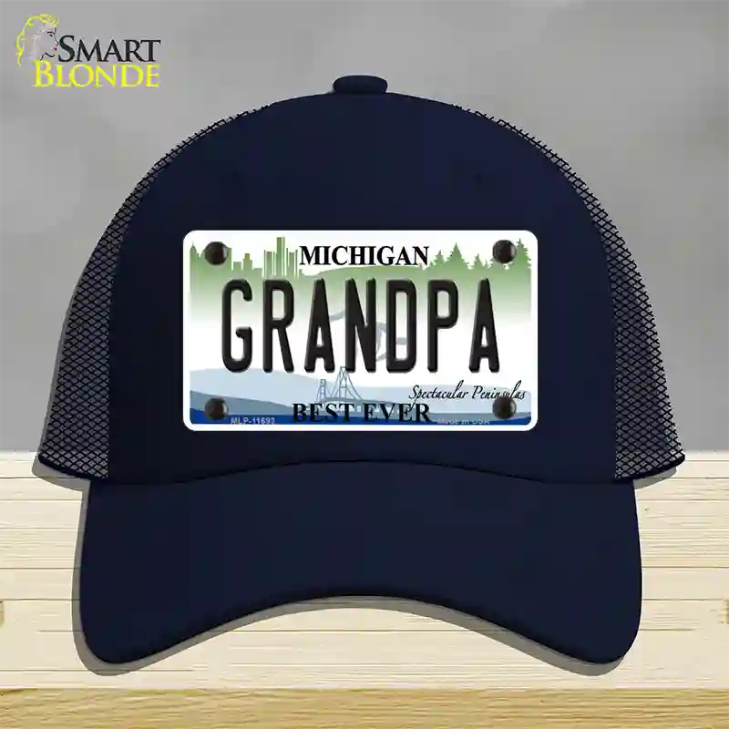 Grandpa Michigan Novelty License Plate Hat Mesh / Navy