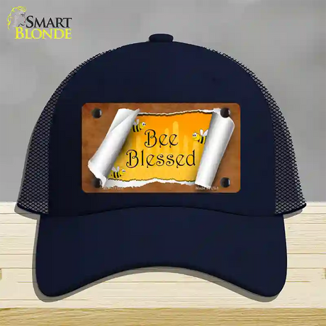 Bee Blessed Scroll Novelty License Plate Hat Mesh / Navy