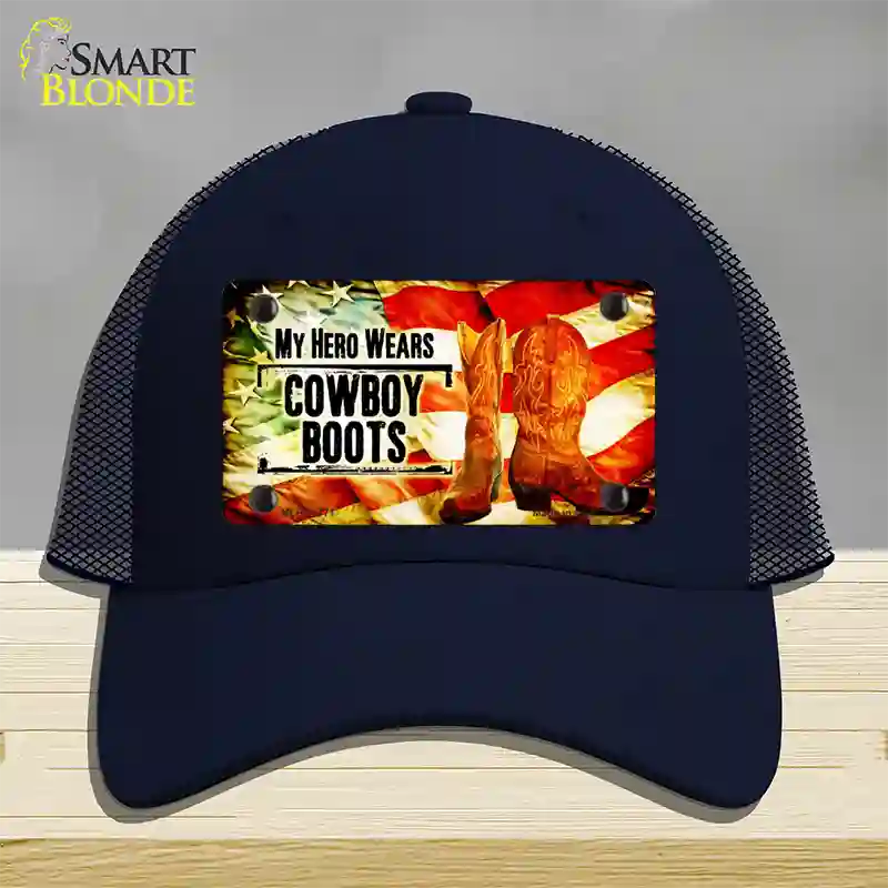 My Hero Wears Cowboy Boots Novelty License Plate Hat Mesh / Navy