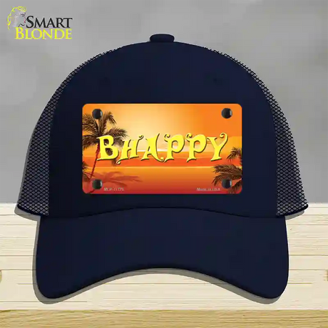 Be Happy Beach Scene Novelty License Plate Hat Mesh / Navy