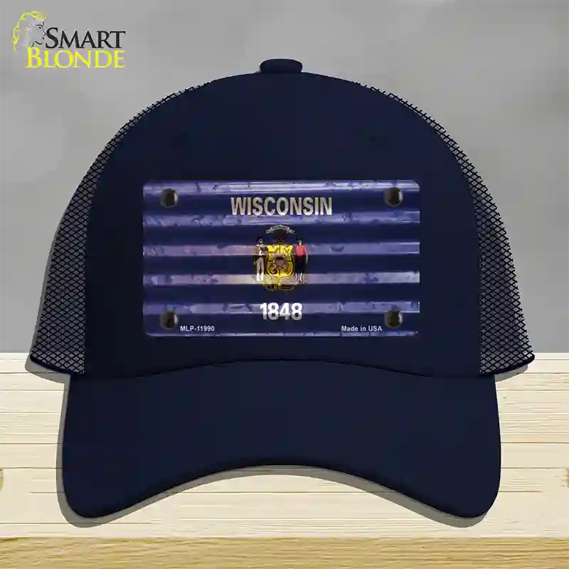 Wisconsin Corrugated Flag Novelty License Plate Hat Mesh / Navy