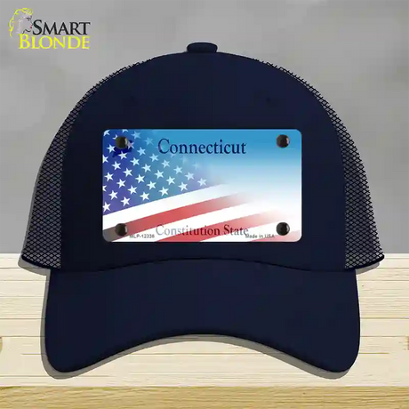 Connecticut with American Flag Novelty License Plate Hat Mesh / Navy