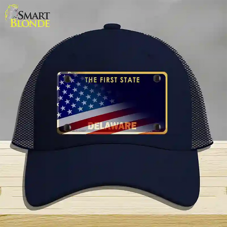 Delaware with American Flag Novelty License Plate Hat Mesh / Navy