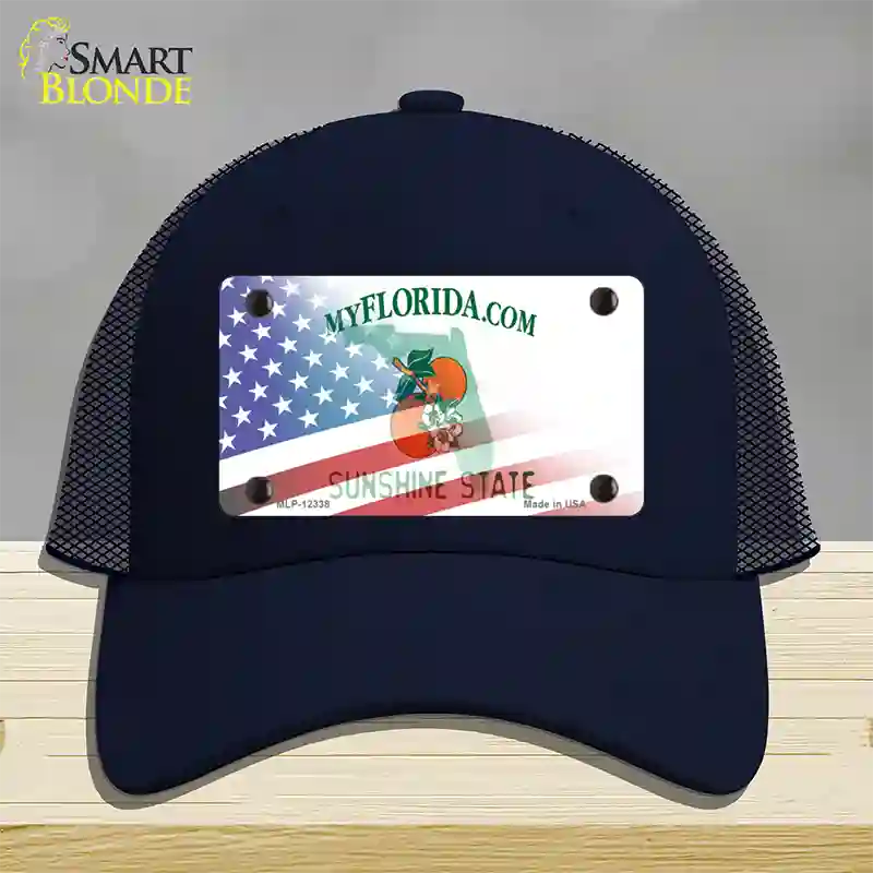 Florida with American Flag Novelty License Plate Hat Mesh / Navy