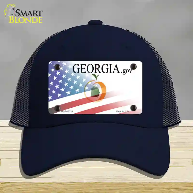 Georgia with American Flag Novelty License Plate Hat Mesh / Navy