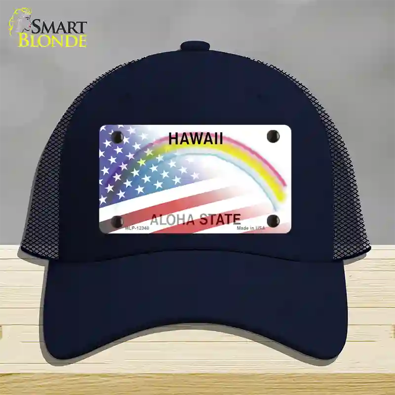 Hawaii with American Flag Novelty License Plate Hat Mesh / Navy