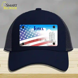 Iowa with American Flag Novelty License Plate Hat Mesh / Navy