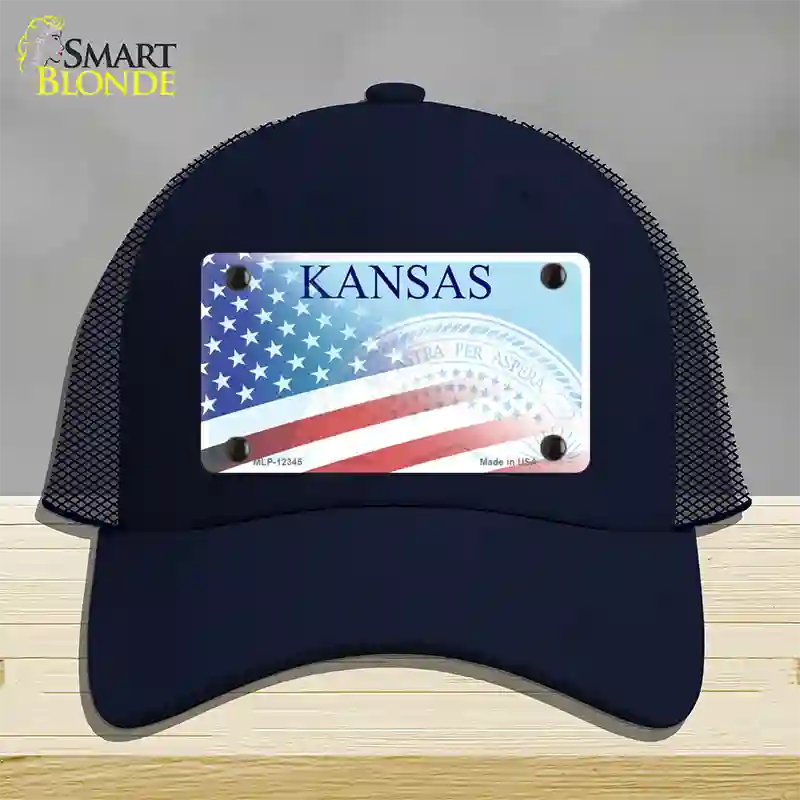 Kansas with American Flag Novelty License Plate Hat Mesh / Navy