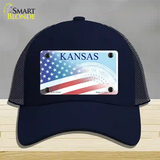 Kansas with American Flag Novelty License Plate Hat Mesh / Navy