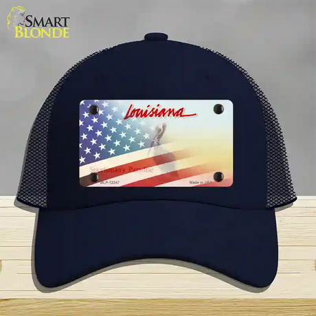 Louisiana with American Flag Novelty License Plate Hat Mesh / Navy