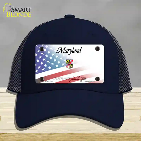 Maryland with American Flag Novelty License Plate Hat Mesh / Navy