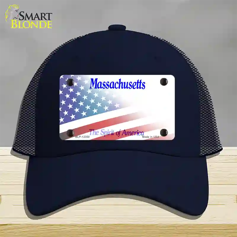 Massachusetts with American Flag Novelty License Plate Hat Mesh / Navy