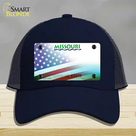 Missouri with American Flag Novelty License Plate Hat Mesh / Navy