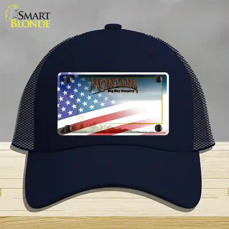 Montana with American Flag Novelty License Plate Hat Mesh / Navy