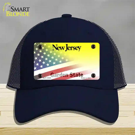 New Jersey with American Flag Novelty License Plate Hat Mesh / Navy