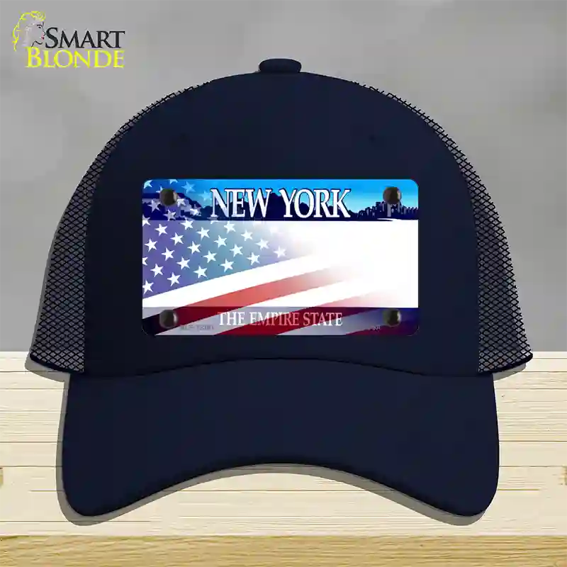 New York with American Flag Novelty License Plate Hat Mesh / Navy