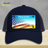 North Dakota with American Flag Novelty License Plate Hat Mesh / Navy