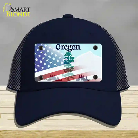 Oregon with American Flag Novelty License Plate Hat Mesh / Navy