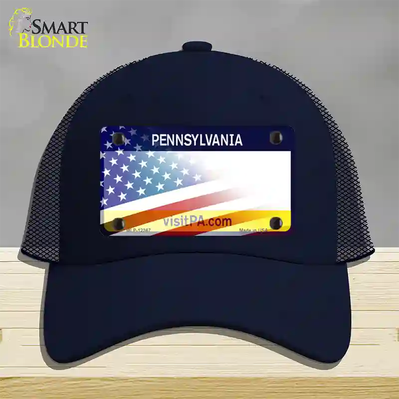 Pennsylvania with American Flag Novelty License Plate Hat Mesh / Navy