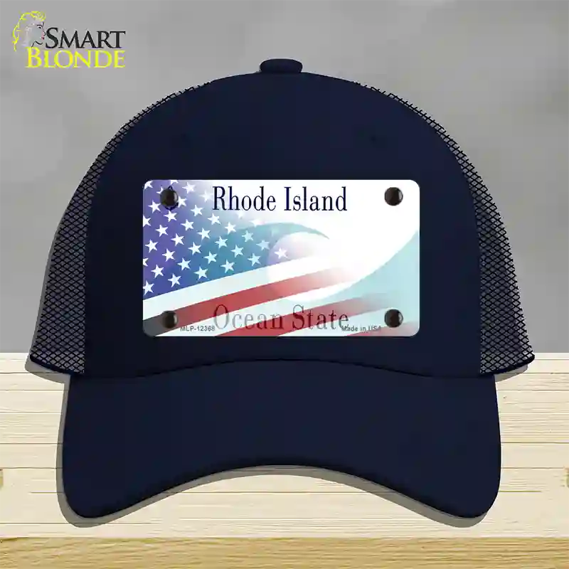 Rhode Island with American Flag Novelty License Plate Hat Mesh / Navy