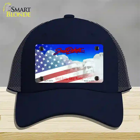 South Dakota with American Flag Novelty License Plate Hat Mesh / Navy