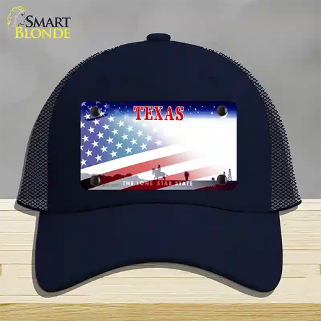 Texas with American Flag Novelty License Plate Hat Mesh / Navy