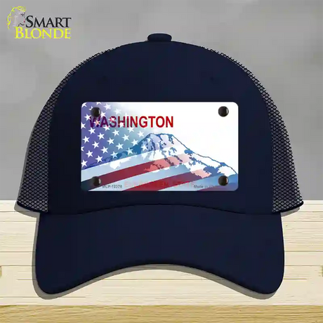 Washington with American Flag Novelty License Plate Hat Mesh / Navy