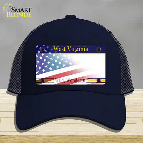 West Virginia with American Flag Novelty License Plate Hat Mesh / Navy