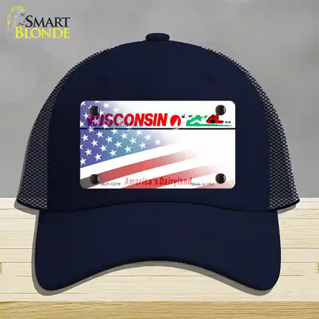 Wisconsin with American Flag Novelty License Plate Hat Mesh / Navy