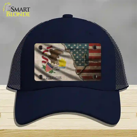 Illinois/American Flag Novelty License Plate Hat Mesh / Navy