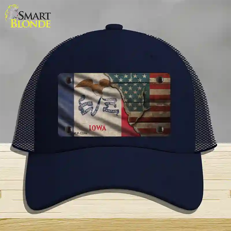 Iowa/American Flag Novelty License Plate Hat Mesh / Navy